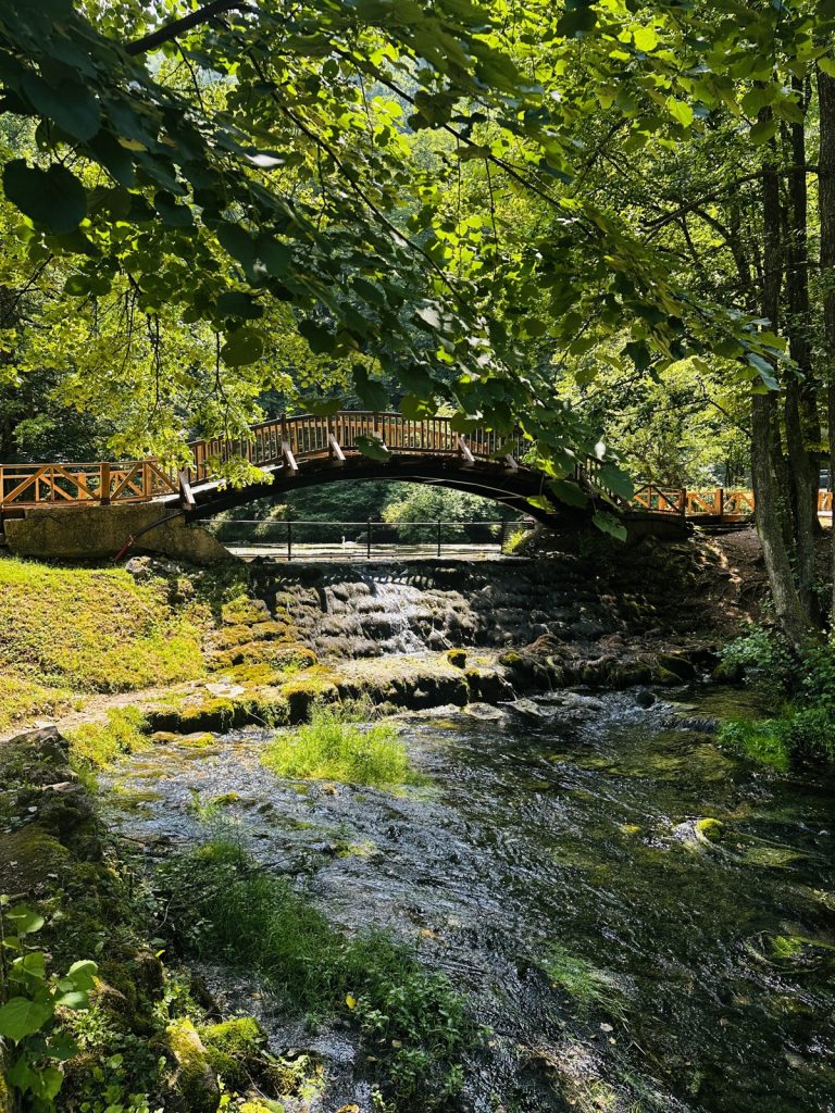 Eine kleine Holzbrücke über einen Bach im Quellpark Vrelo Bosne.