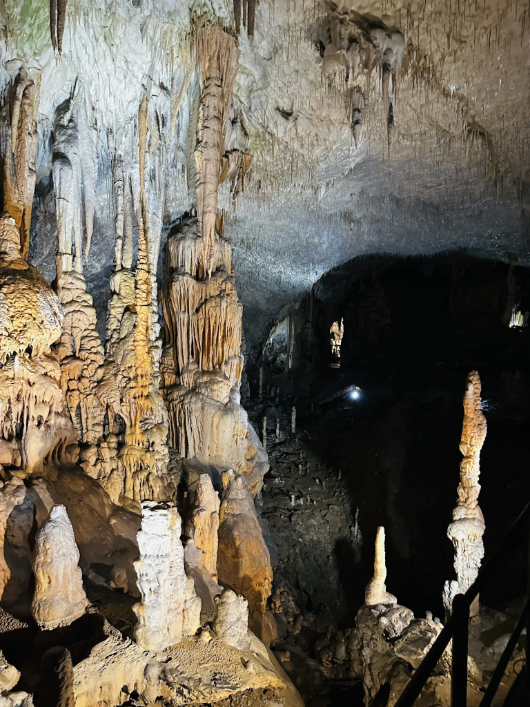 Von Sinterformationen überzogene Decke in der Postojna-Höhle