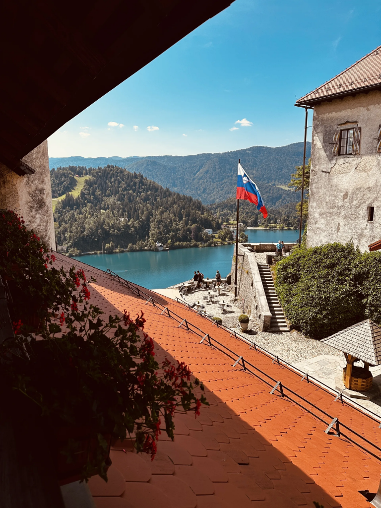 Blick von der Bleder Burg über rote Dächer hinunter auf See und Insel