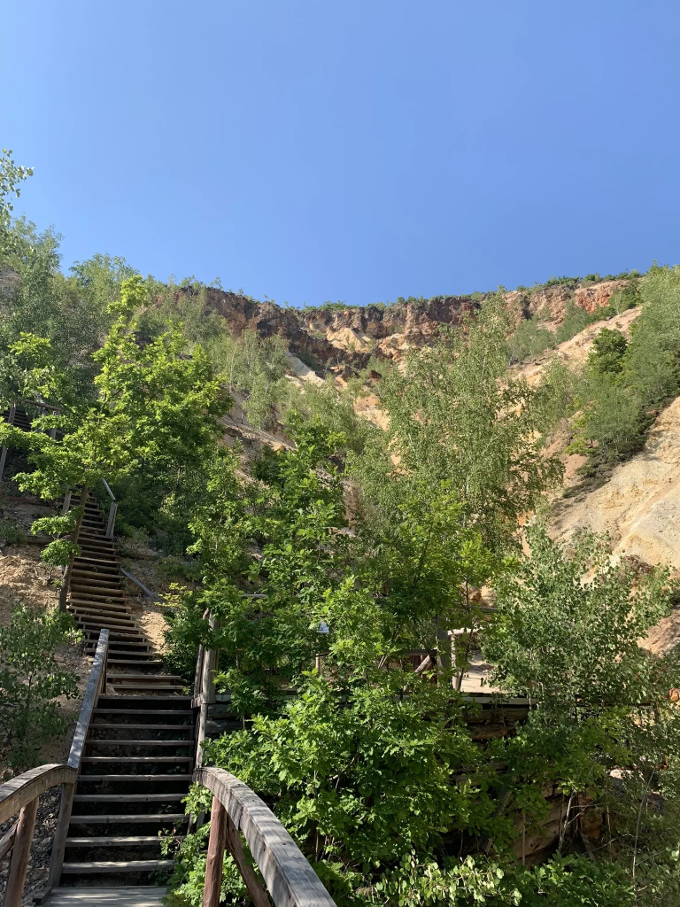 Hölzerne Treppe, die durch den Wald hinauf zu den Erdpyramiden führt