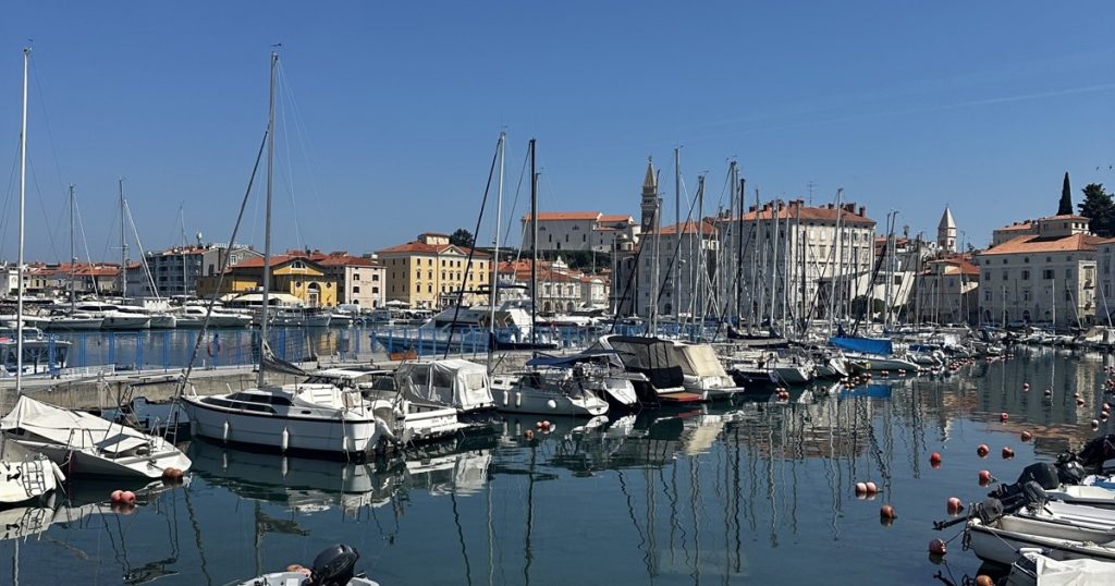 Der Hafen von Piran mit Booten und der Altstadt an der slowenischen Adria