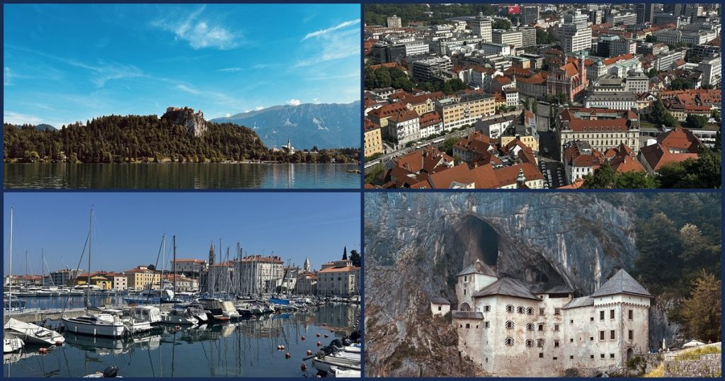 Collage aus vier slowenischen Highlights: der Bleder See mit Inselkirche, die Altstadt von Ljubljana von oben, der Hafen von Piran und die Felsenburg Predjama.
