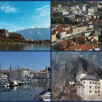 Collage aus vier slowenischen Highlights: der Bleder See mit Inselkirche, die Altstadt von Ljubljana von oben, der Hafen von Piran und die Felsenburg Predjama.